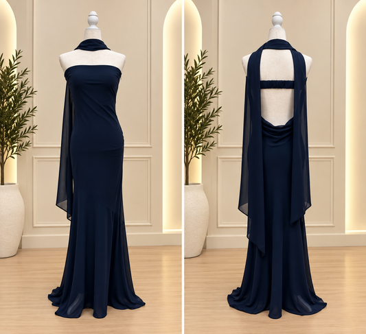 Navy blue strapless open back long elegant dress