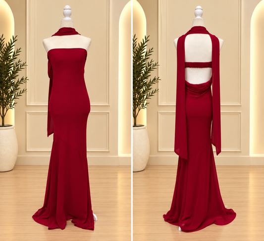 Crimson strapless open back long elegant