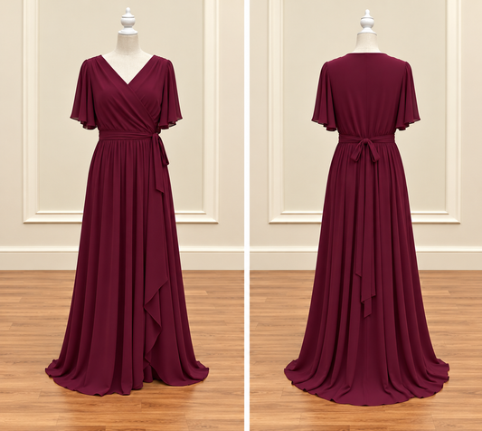 Deep Burgundy Chiffon Flutter Sleeve V-Neck Wrap Maxi Dress
