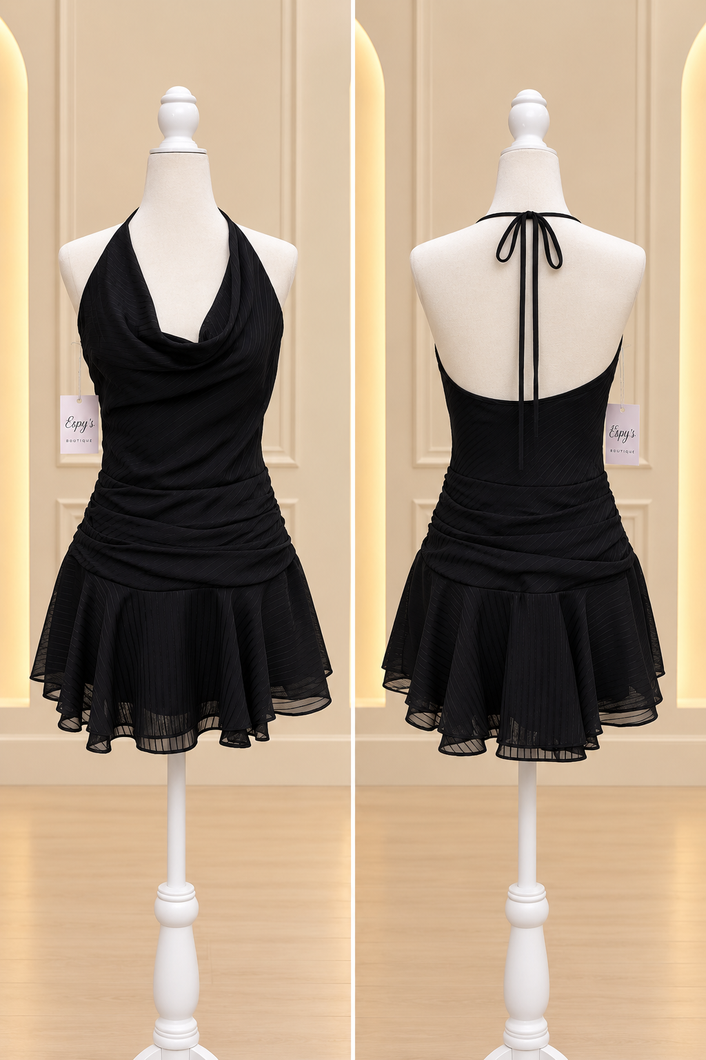 Midnight Black Halter Cowl Mini Dress