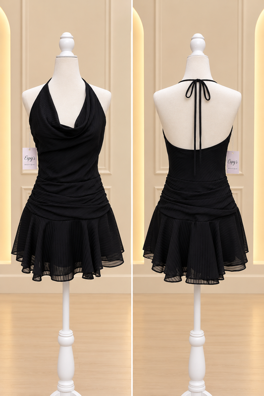 Midnight Black Halter Cowl Mini Dress