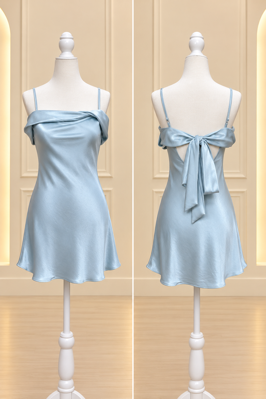 Slate Blue Satin Bow Back Mini Dress