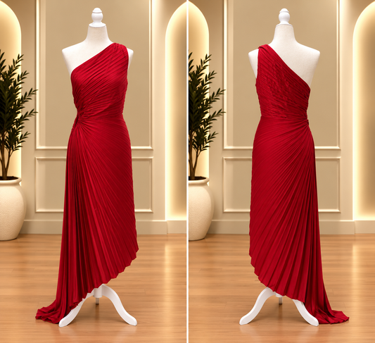 Red Radiance One-Shoulder Pleated Maxi Dress