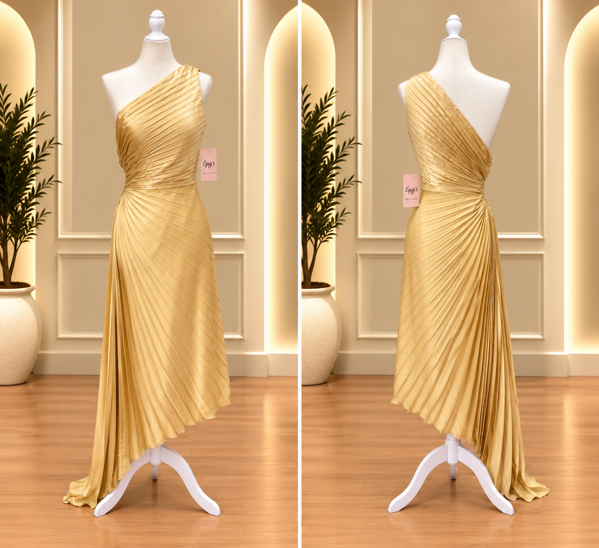 Golden Radiance One-Shoulder Pleated Maxi Dress