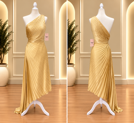 Golden Radiance One-Shoulder Pleated Maxi Dress