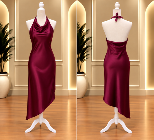 Burgundy Muse Halter Satin Midi Dress