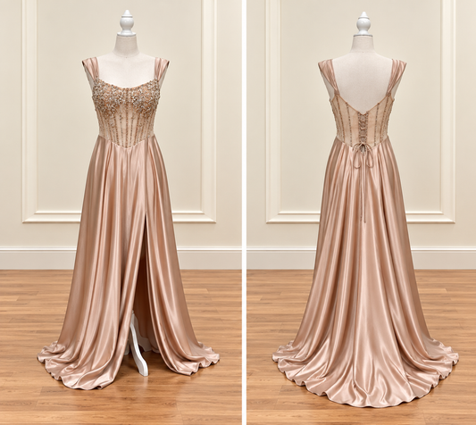 Champagne Rose Beaded Corset Satin A-Line Gown