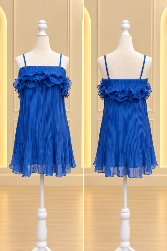 Ocean Blue Pleated Ruffle Mini Dress