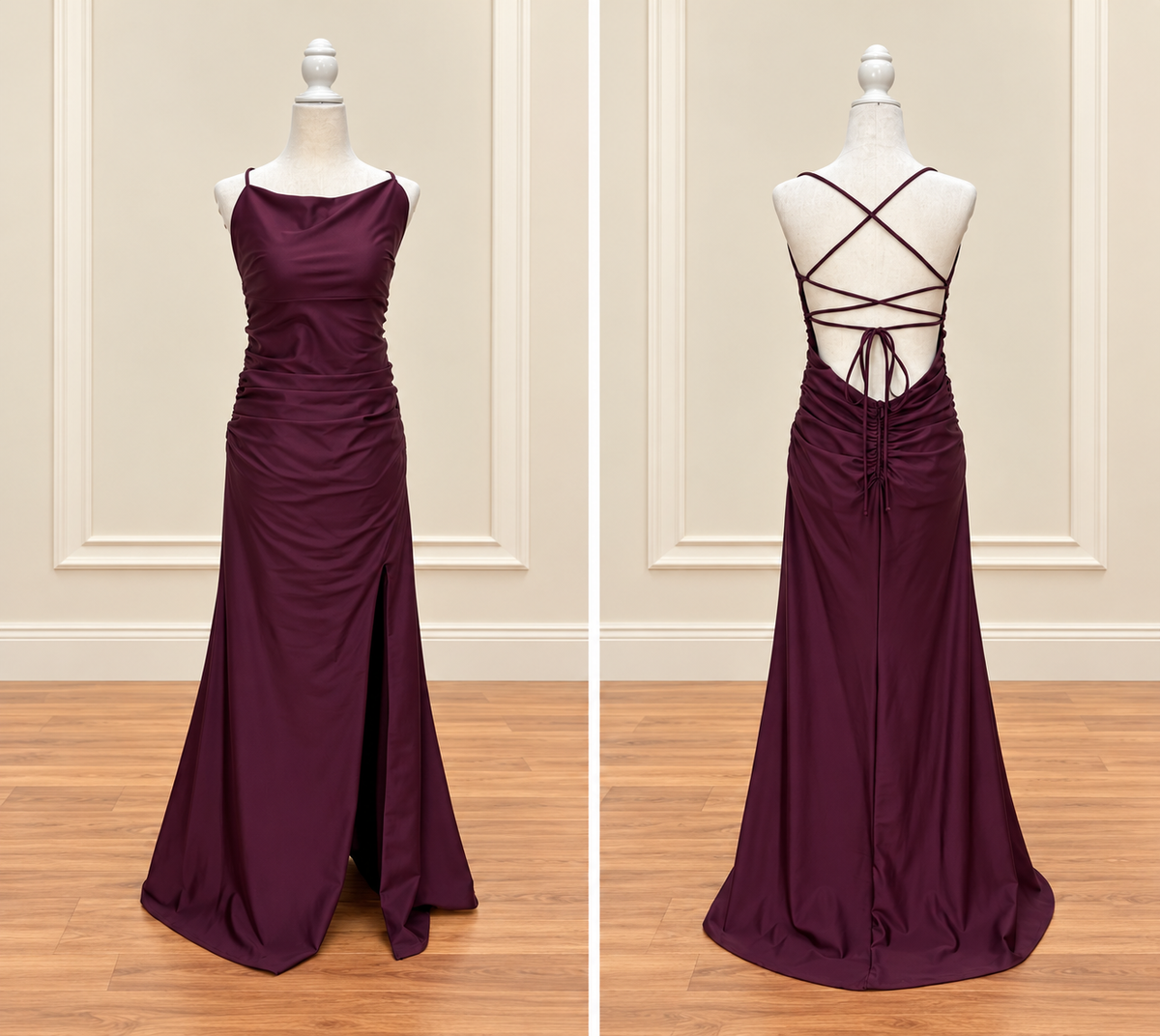 Plum Burgundy Ruche Lace-Up Back Maxi Dress