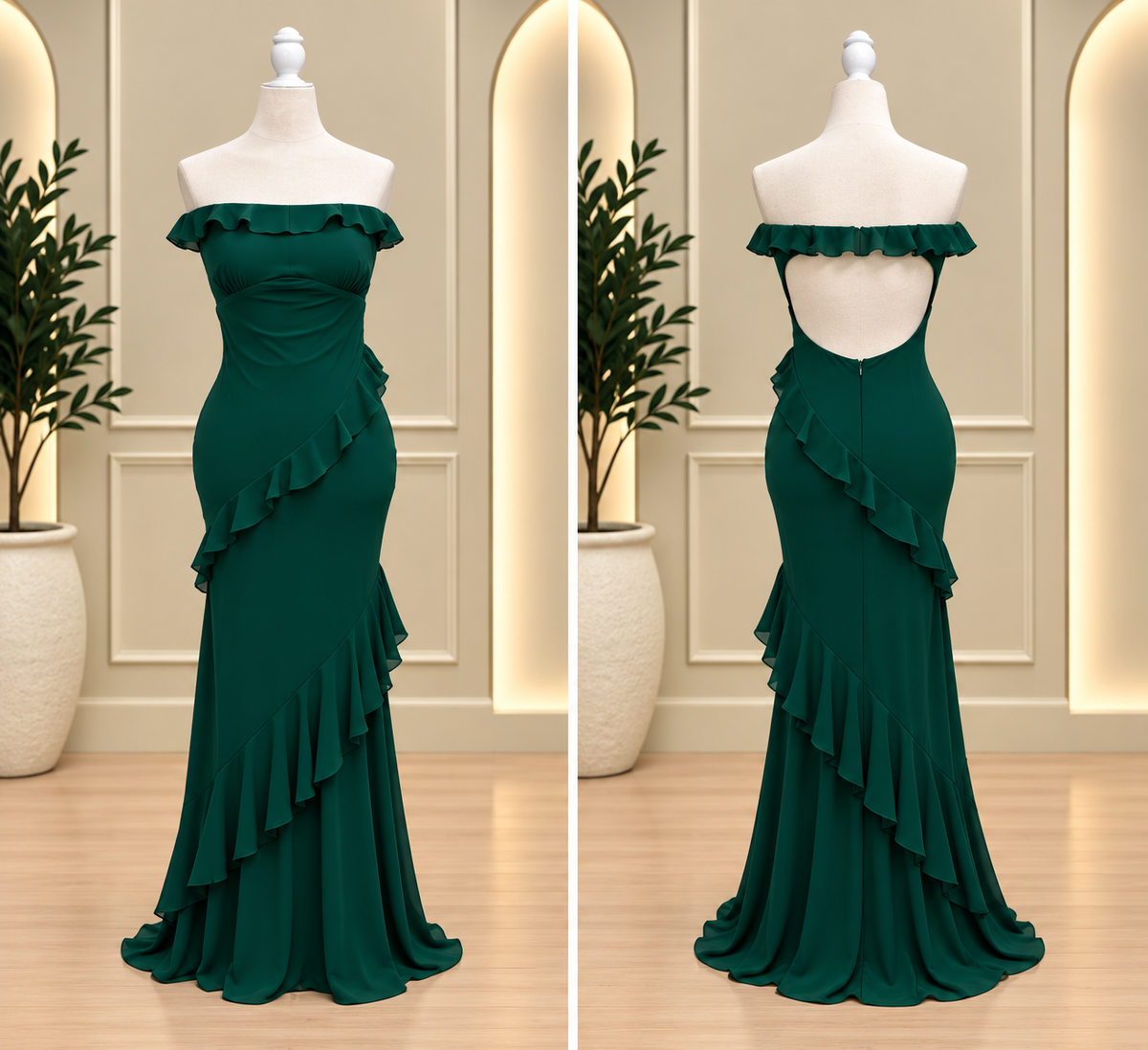 Emerald Romance Off-Shoulder Ruffle Maxi Dress