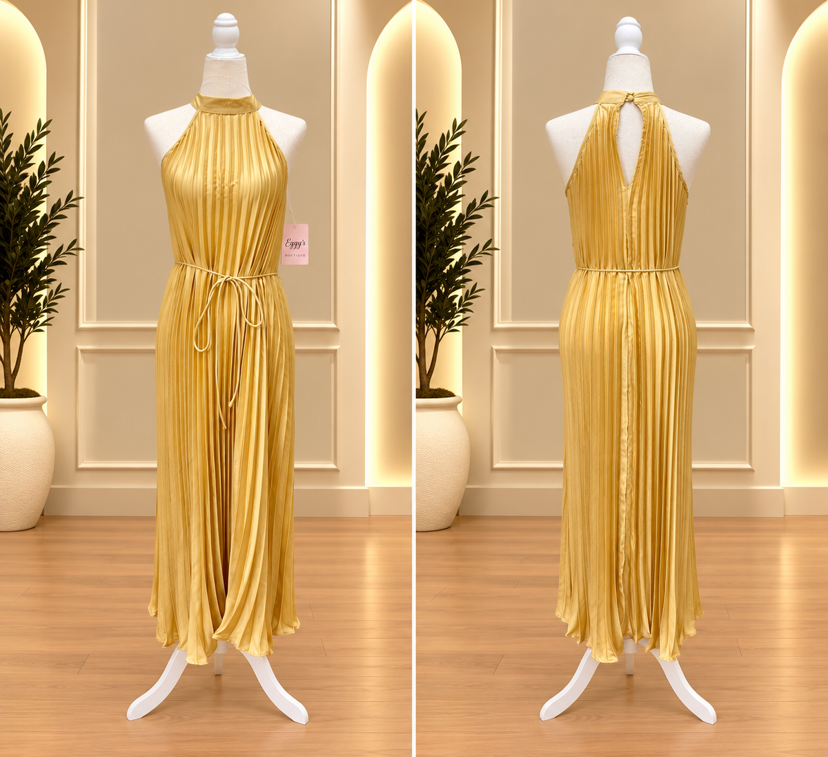 Golden Hour Pleated Halter Maxi Dress