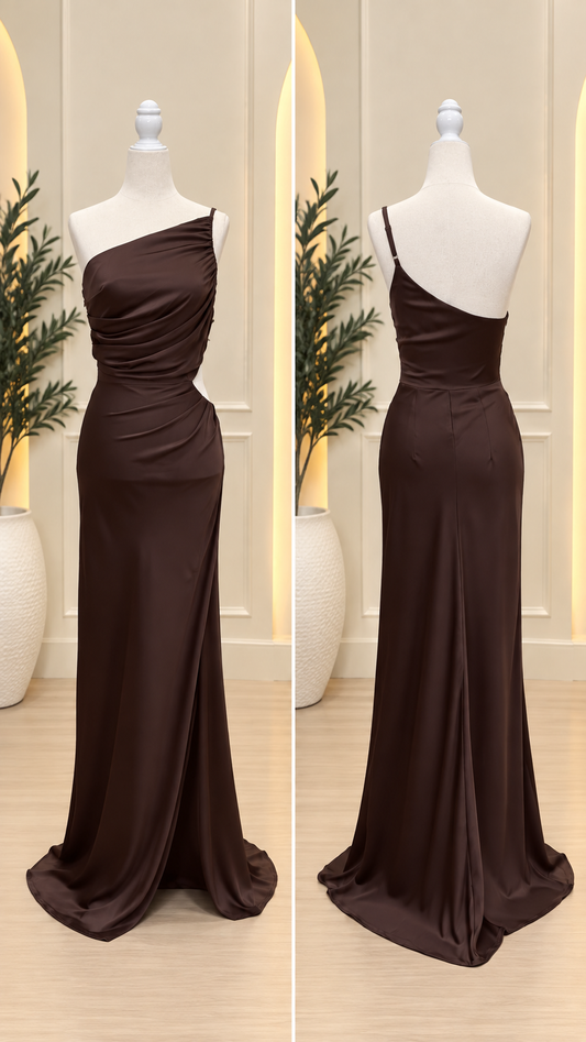 Espresso Satin One-Shoulder Maxi Dress