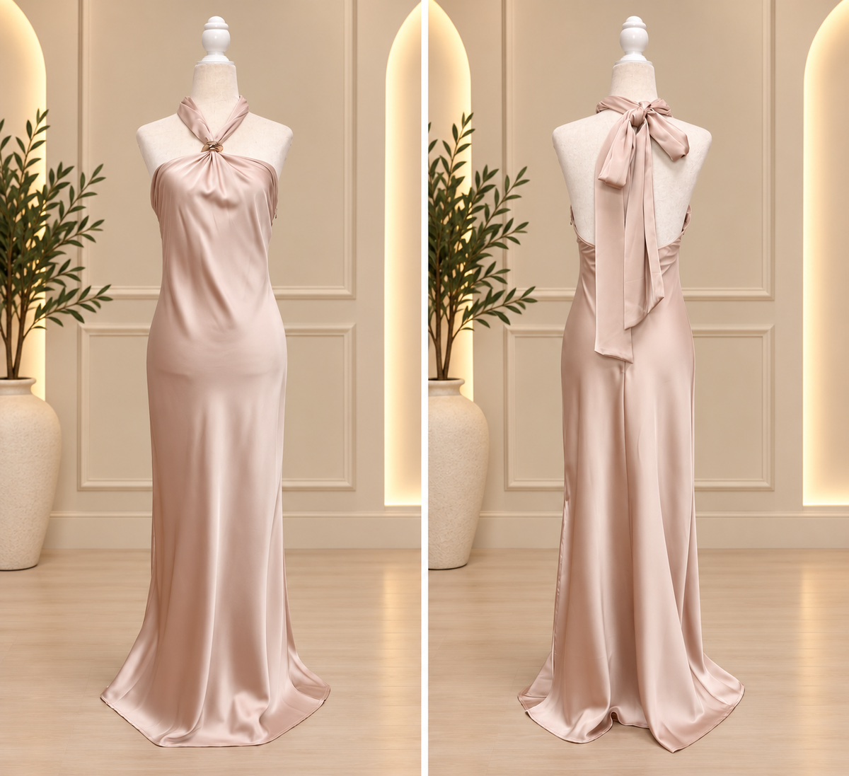 Blush Élan Gold-Ring Halter Maxi Dress