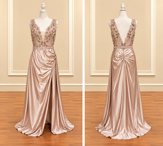 Champagne Floral Appliqué Illusion Satin Gown