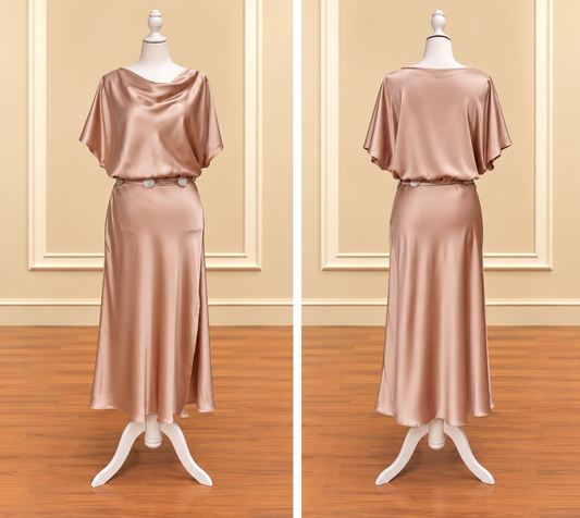 Champagne Cowl Neck Satin Midi Dress