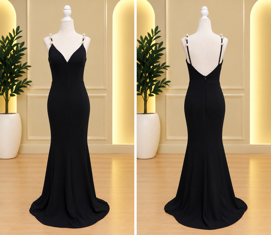 Black Pearl Strap Mermaid Maxi Dress