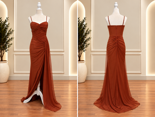 Chartreuse polyester, long corset elegant dress, open slit.