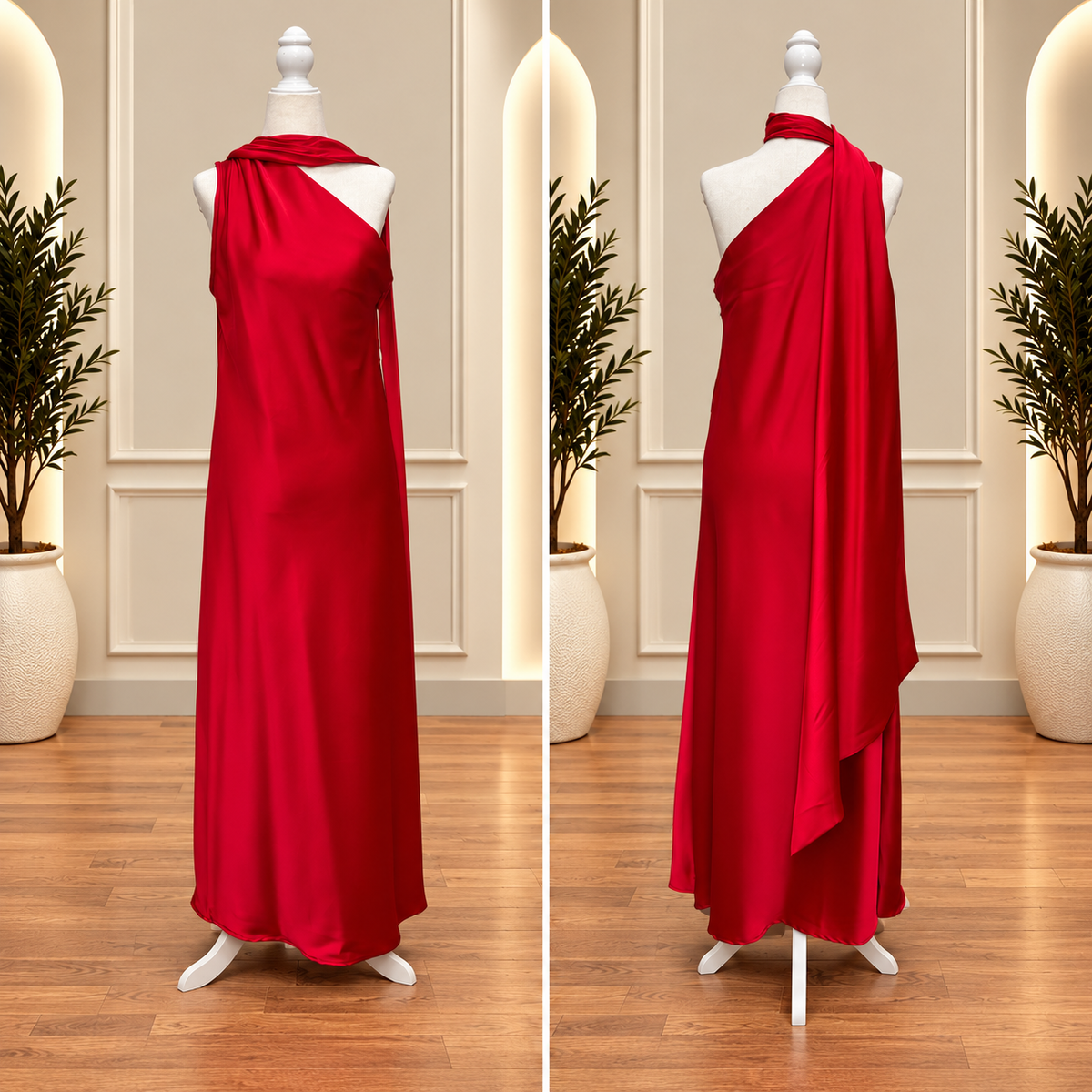 Scarlet Veil One-Shoulder Satin Maxi Dress