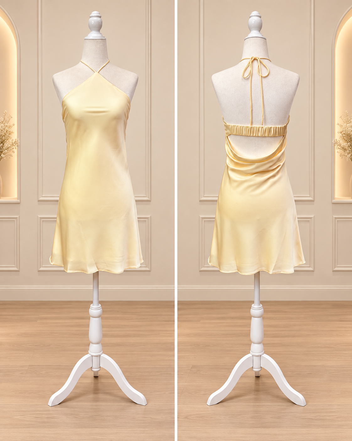 Yellow Halter Satin Mini Dress