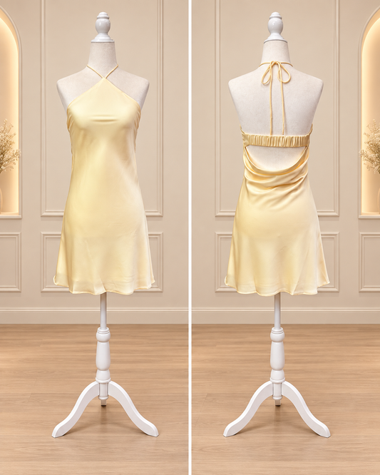 Yellow Halter Satin Mini Dress