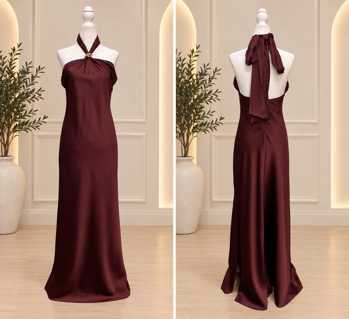 Merlot Halo Gold-Ring Halter Maxi Dress