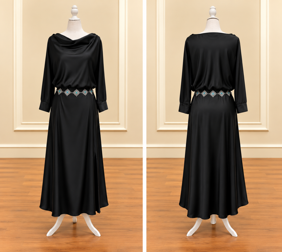 Midnight Black Cowl Neck Satin Maxi Dress