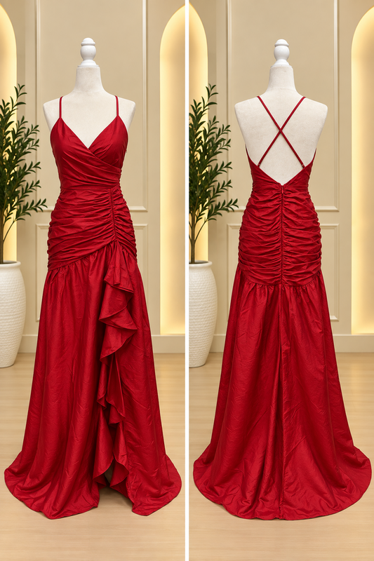 Red Ruched Cross-Back Ruffle Maxi Dress